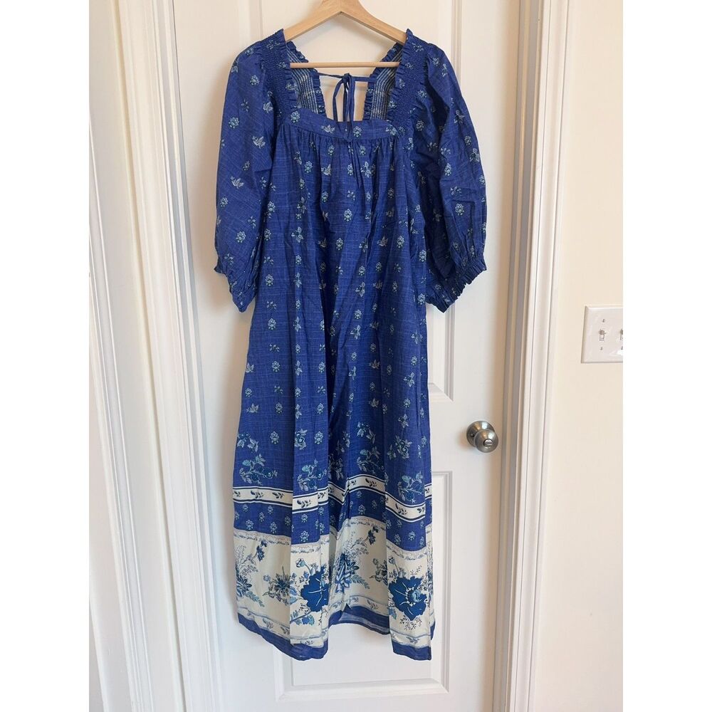 NWT Sissel Edelbo Ronda Organic Cotton Blue Maxi Dress One Size
